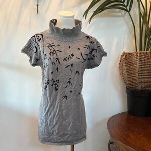 Chic Gray Women's Top with Black Floral Design